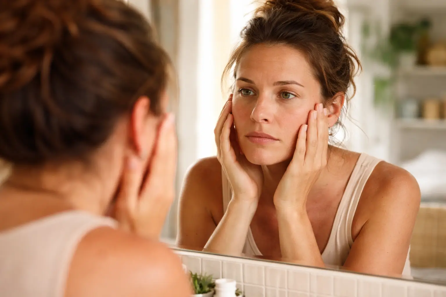 Woman in her late 30s examining her skin in a bathroom mirror — perimenopause combination skin