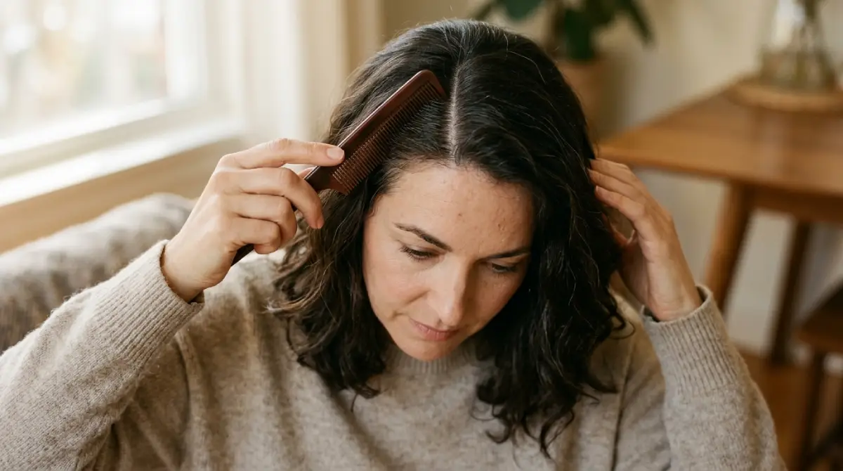 Woman parting her hair revealing a widening part line in natural light