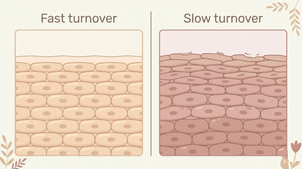 Illustration comparing fast and slow skin cell turnover and effect on surface appearance after 35