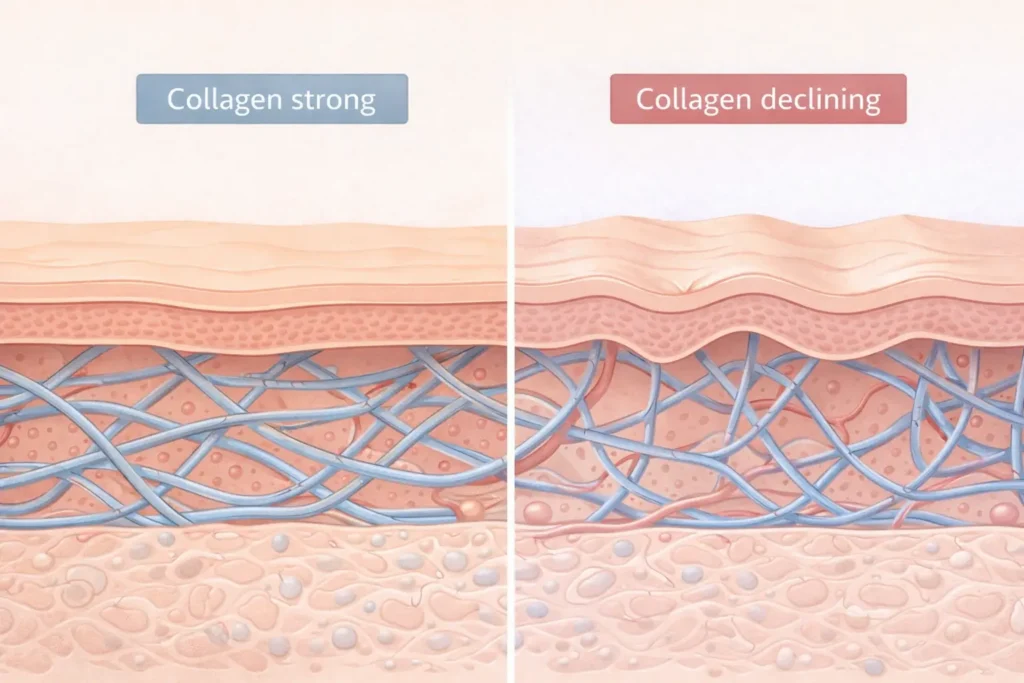 Illustrated cross-section comparing strong collagen skin structure versus declining collagen after 35