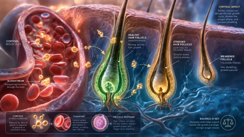Medical illustration showing cortisol molecules affecting hair follicle growth phases