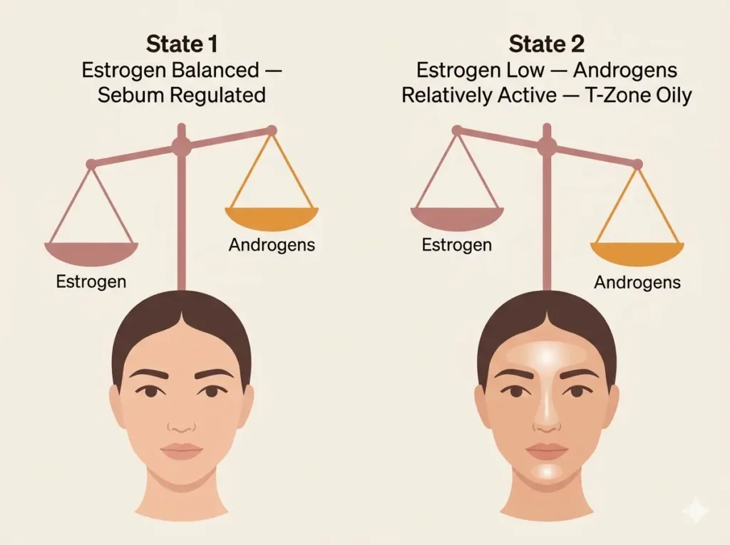 Diagram showing how balanced estrogen regulates sebum production versus how low estrogen allows androgen-driven oiliness during perimenopause