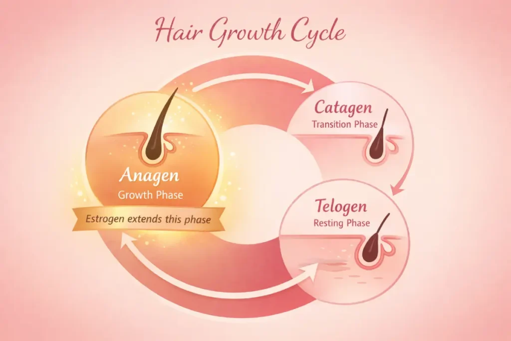 Hair growth cycle diagram showing estrogen's role in extending the anagen growth phase