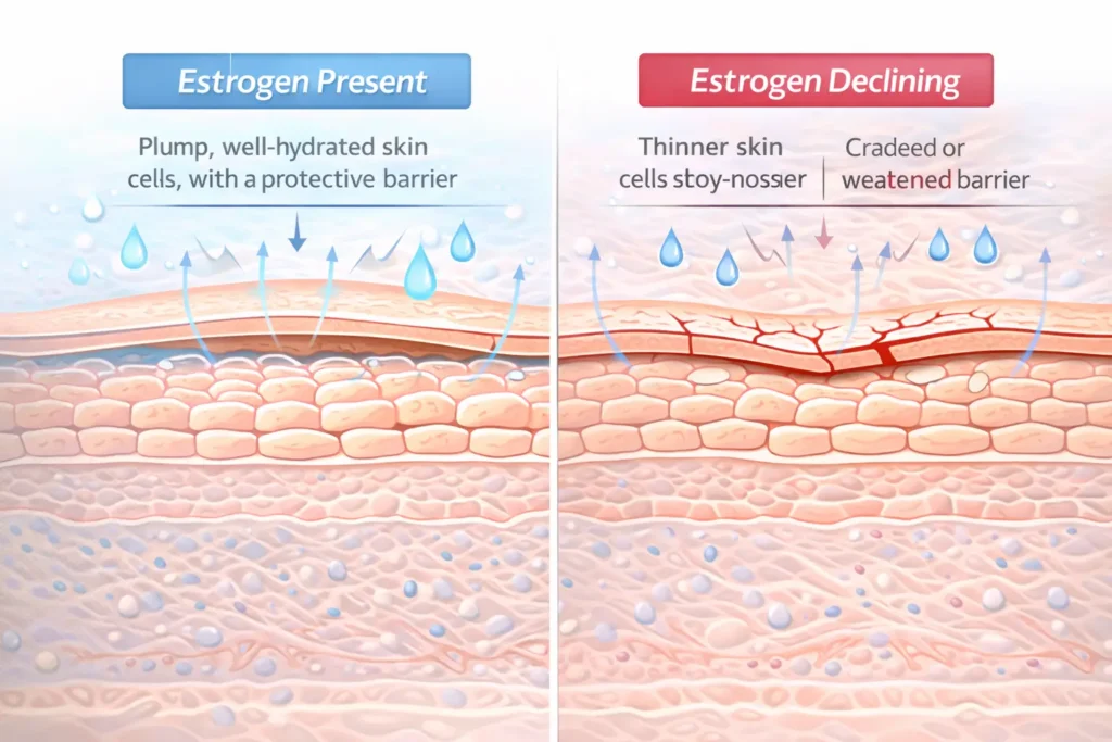 Illustrated cross-section comparing hydrated skin with healthy estrogen versus dry weakened skin with declining estrogen during perimenopause