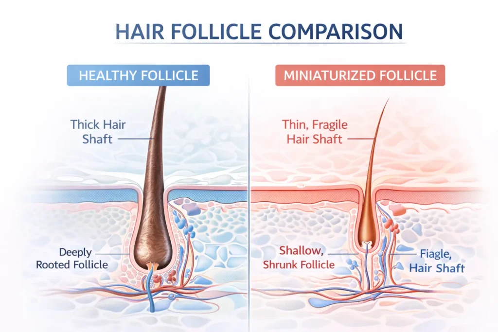 Diagram showing hair follicle miniaturization during perimenopause DHT effect