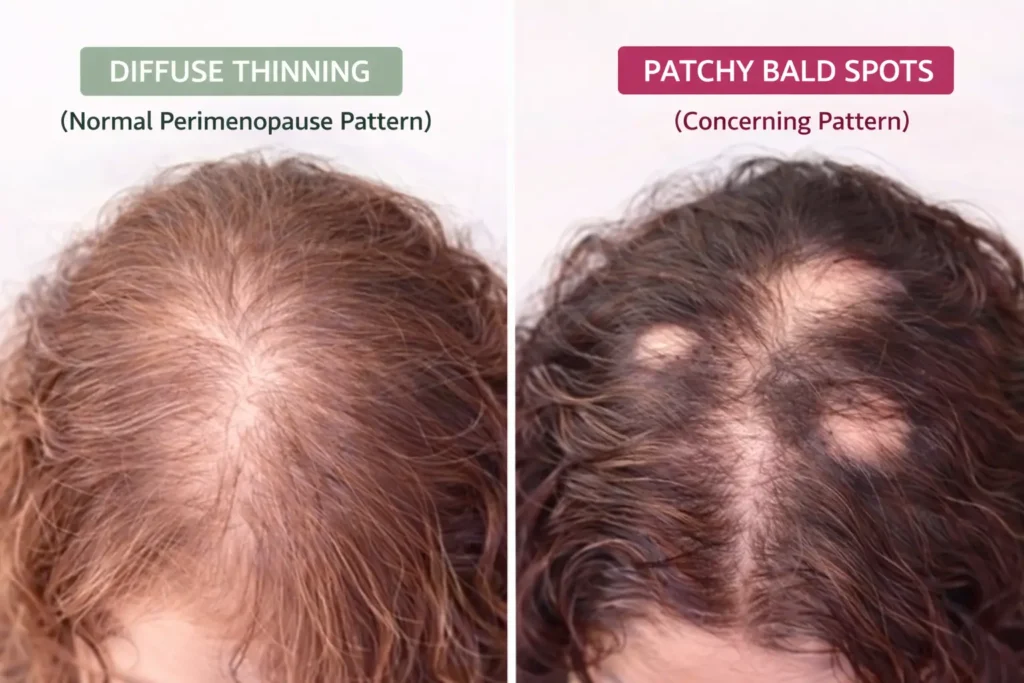 Normal perimenopause hair thinning versus patchy hair loss red flags