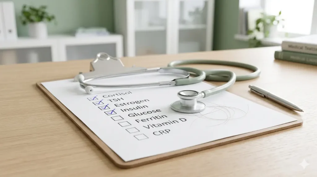 Checklist of hormone tests for hair growth issues on doctor clipboard