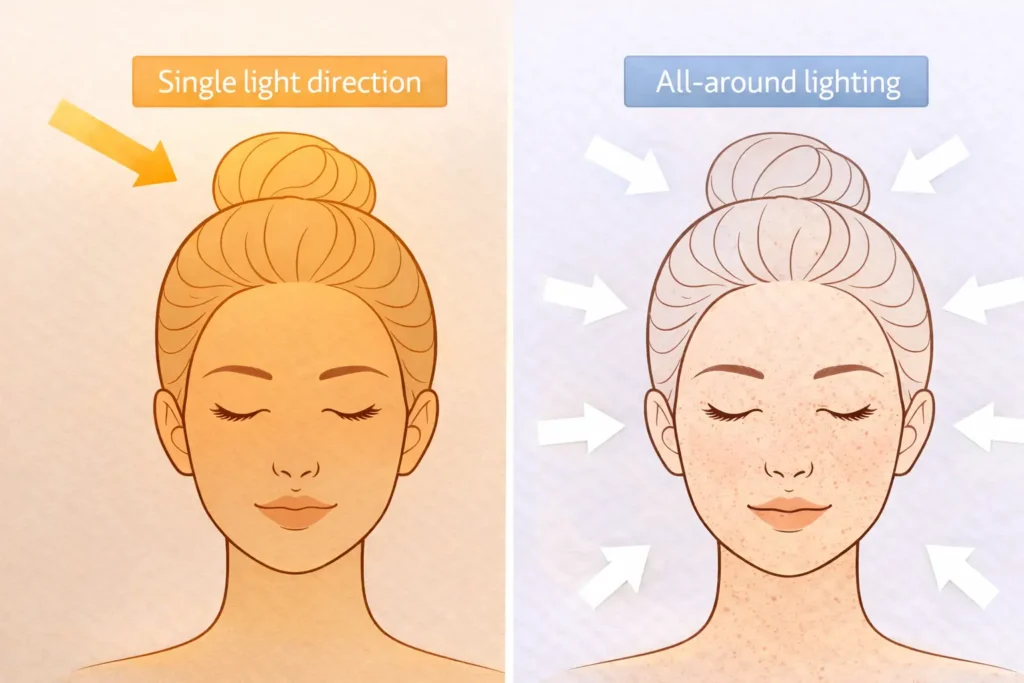 Diagram showing directional indoor lighting versus multi-directional daylight and their effect on visible skin texture