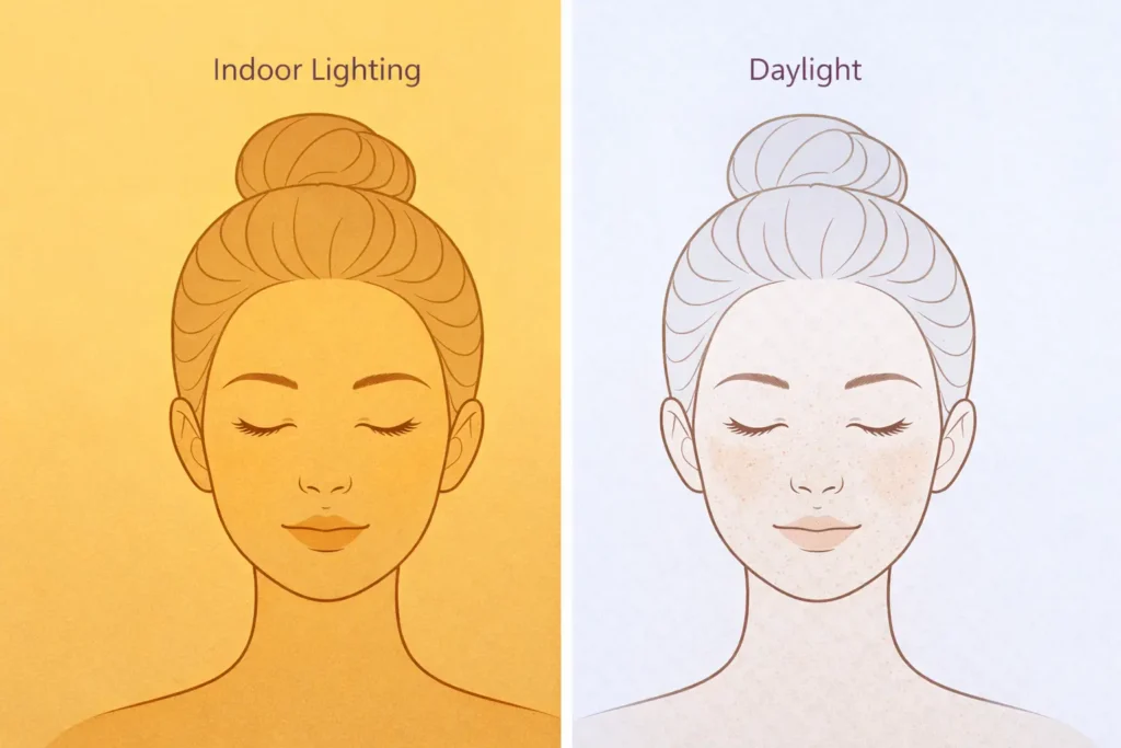 Split illustration comparing skin appearance under warm indoor light versus natural daylight