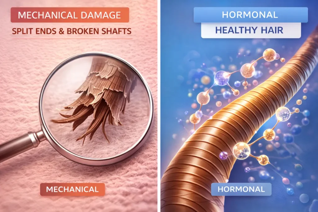 Comparison showing difference between mechanical hair damage and hormonal growth plateau