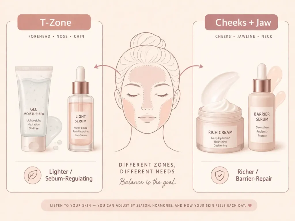 Illustrated zone-based skincare routine showing lighter products for the T-zone and richer barrier-repair products for cheeks and jaw in perimenopause combination skin 