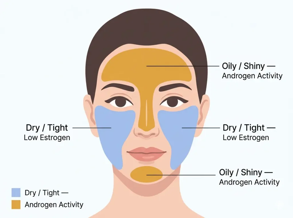 Face zone map illustration showing dry tight cheeks in blue and oily T-zone in amber for perimenopause combination skin 