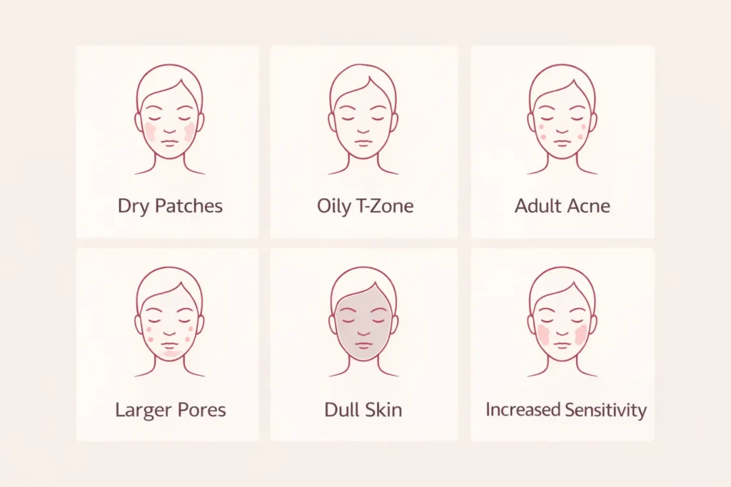 Illustrated grid of six common perimenopause skin symptoms including dry patches, oily T-zone, adult acne, larger pores, dull skin, and increased sensitivity 