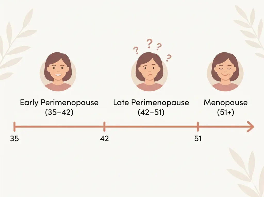 Illustrated timeline of perimenopause stages from age 35 to 52 showing early and late transition phases 