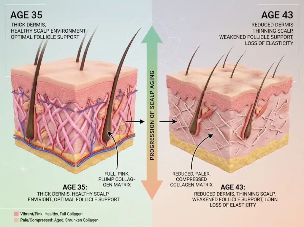 Scalp collagen reduction comparison age 35 versus 43 perimenopause