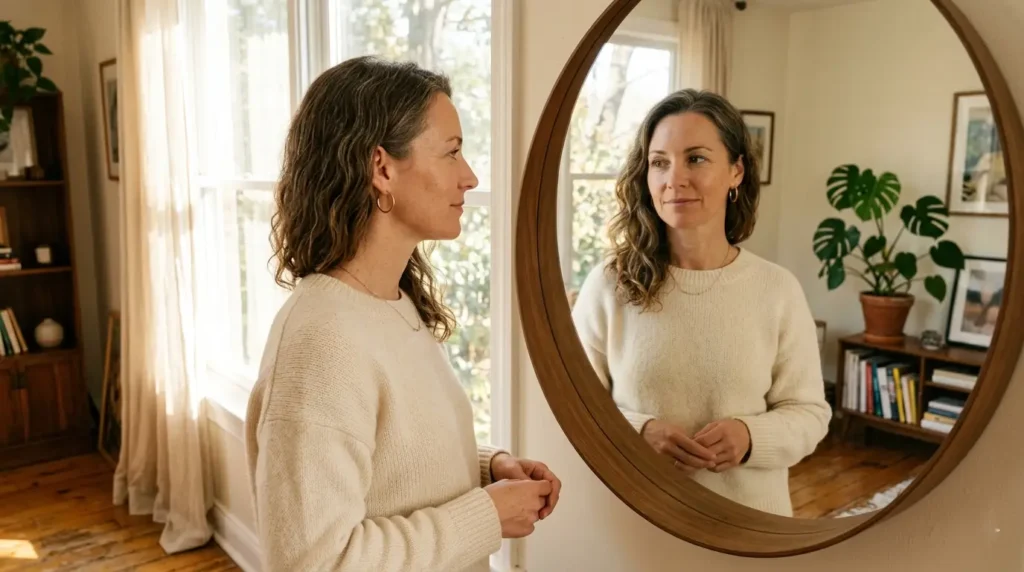 Woman in her early 40s calmly looking at her reflection in natural light — understanding skin changes after 35