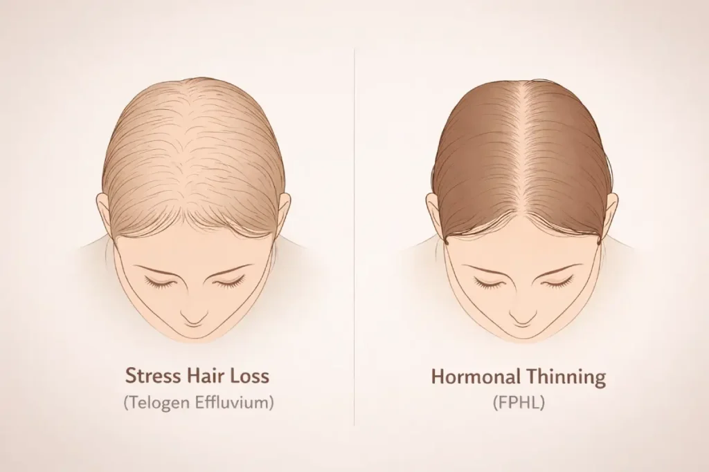 Split comparison diagram showing diffuse stress hair loss versus hormonal pattern thinning at the part line