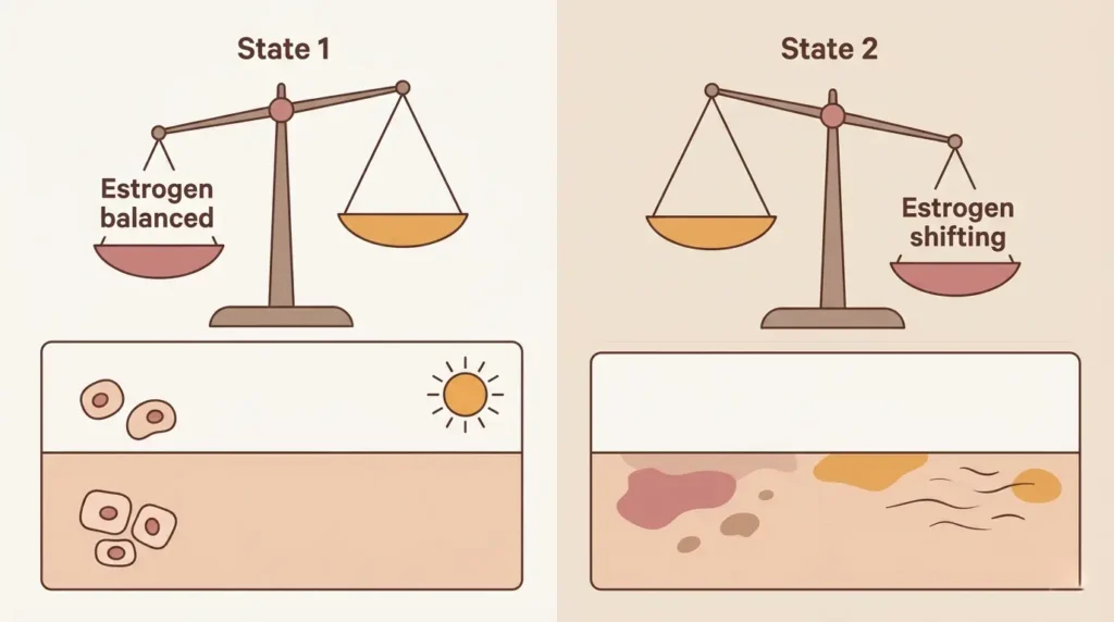 Illustrated diagram showing estrogen balance versus estrogen decline and effect on skin tone and texture
