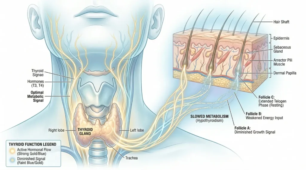 Illustration of thyroid gland connection to hair growth metabolism