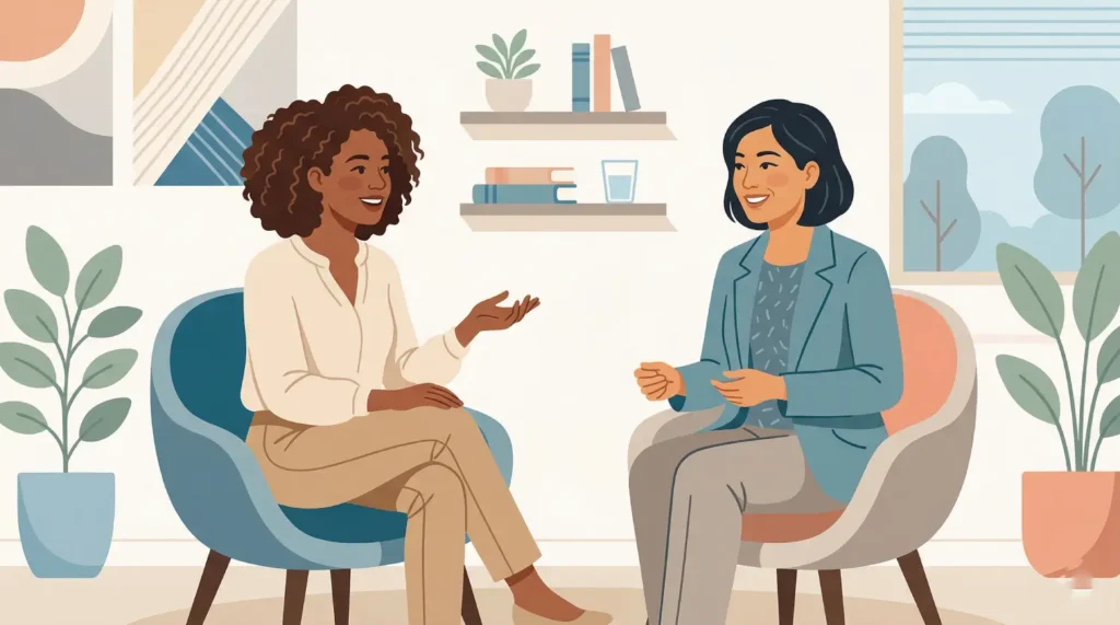  Illustration of a woman having a relaxed conversation with her doctor about hair thinning